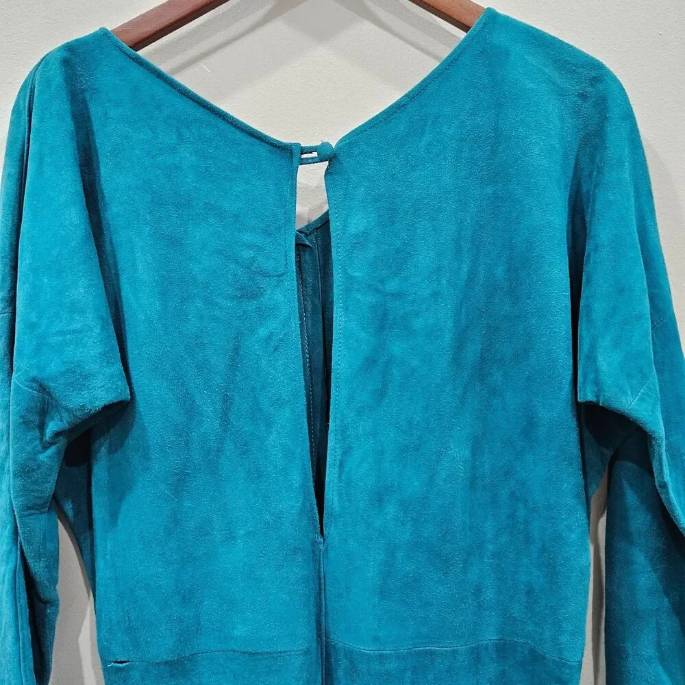 Vintage Christian Lauren Suede Leather Dress M Blue Tiered Western Minimalist